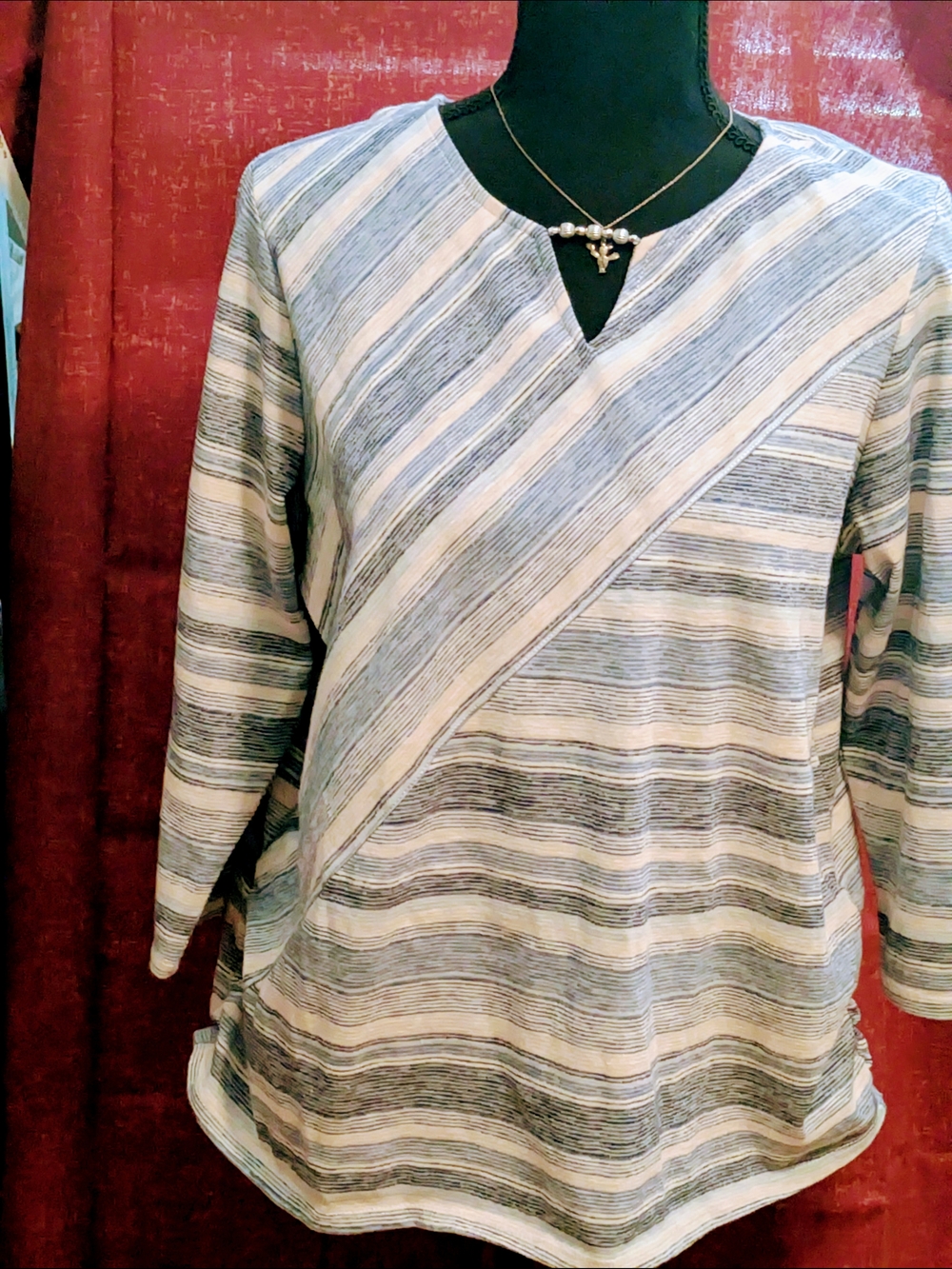 Alfred Dunner Blue and White Striped V-Neck Blouse